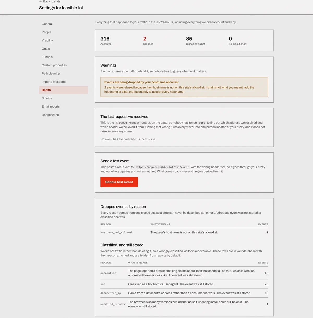 The ingestion health panel showing accepted and dropped events with reasons