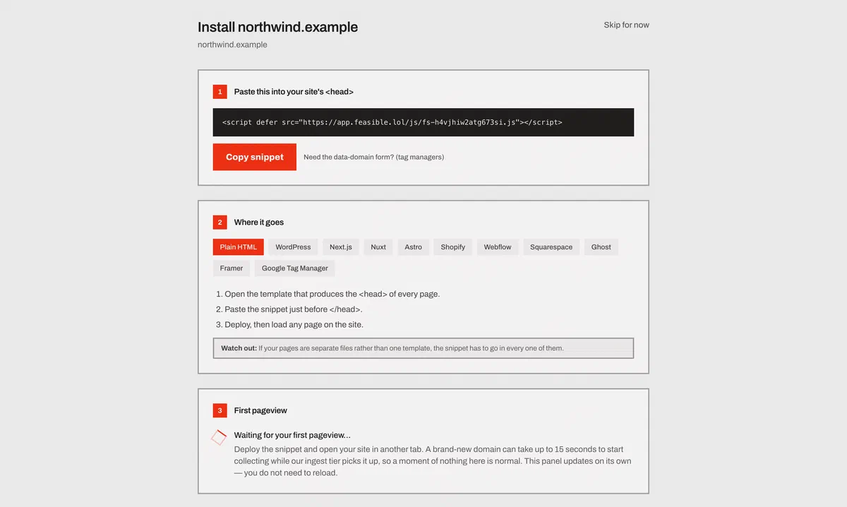 The Feasible install screen, waiting for a first event