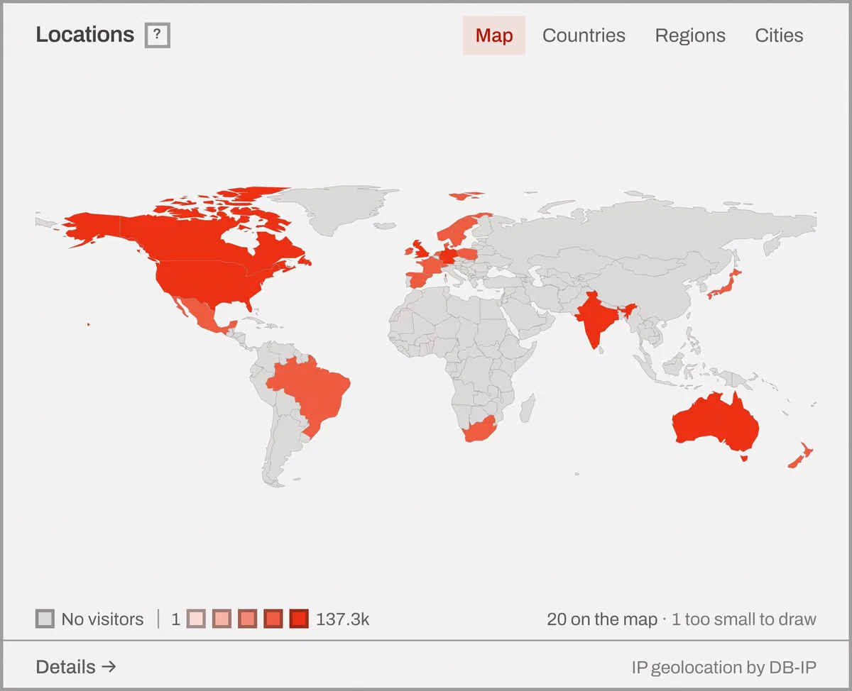 The locations report, showing a world map shaded by visitor count, with tabs for countries, regions and cities