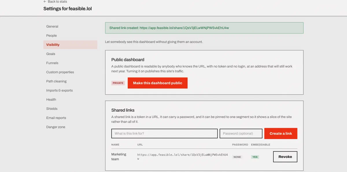 The Visibility settings screen, showing the public dashboard marked private with a button to publish it, and one shared link named Marketing team listed with its URL, password and embeddable columns and a Revoke button.